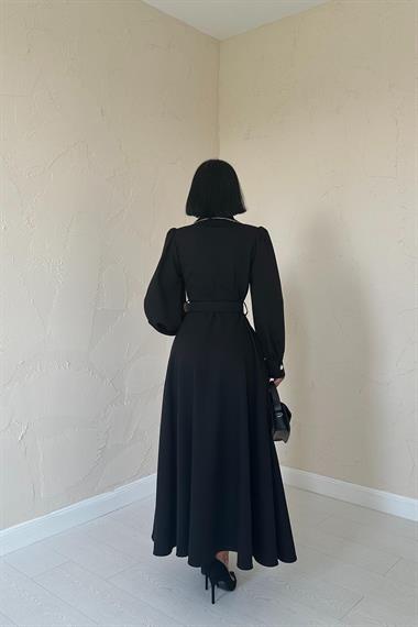 Toptan Siyah Vatkalı Taşlı Elbise