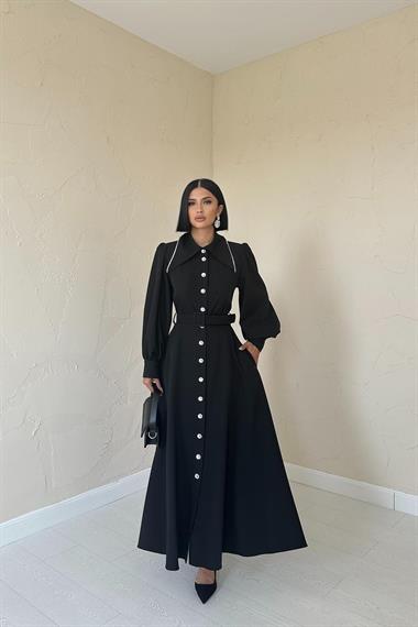 Toptan Siyah Vatkalı Taşlı Elbise