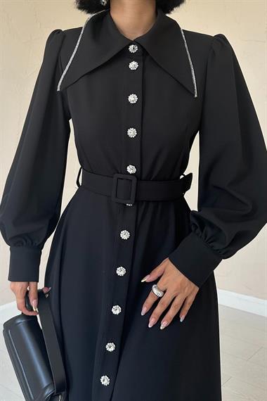 Toptan Siyah Vatkalı Taşlı Elbise