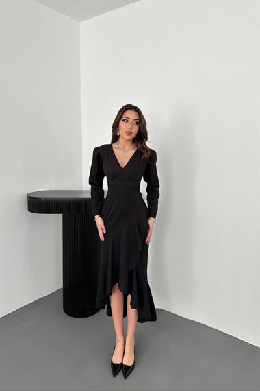 Toptan Siyah Volanlı Atlas Elbise