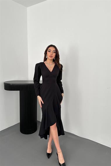 Toptan Siyah Volanlı Atlas Elbise