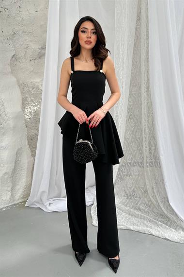 Toptan Siyah Volanlı Bluz Ve Pantolon Takım