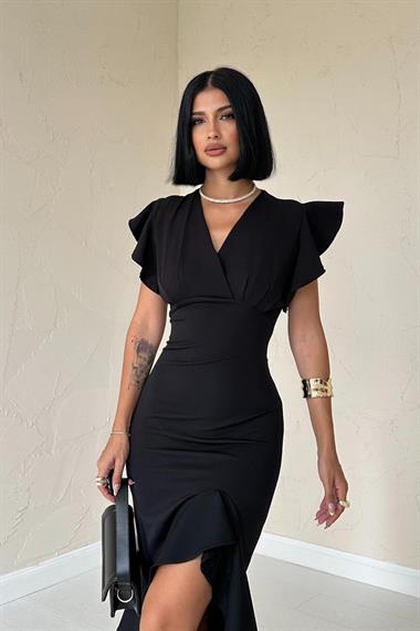 Toptan Siyah Volanlı Elbise