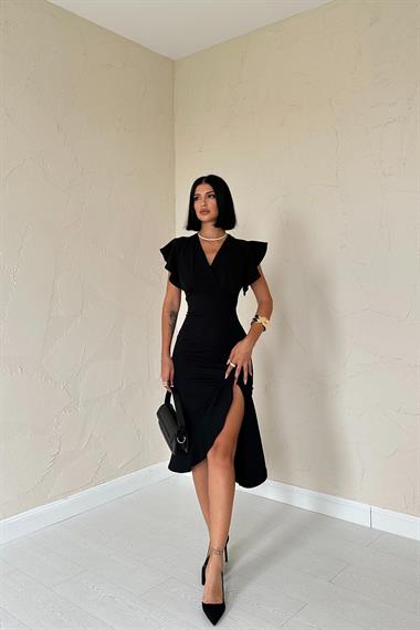 Toptan Siyah Volanlı Elbise