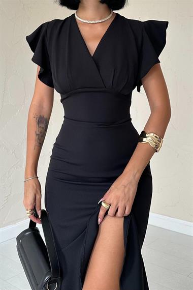 Toptan Siyah Volanlı Elbise