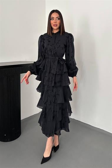 Toptan Siyah Volanlı Kat Kat Elbise