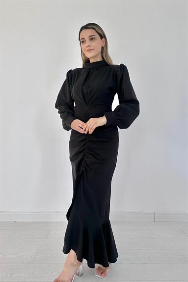 Toptan Siyah Volanlı Uzun Kol Elbise