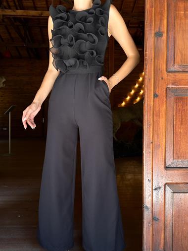 Toptan Siyah Volanlı ve Kemerli Tulum