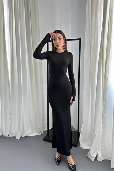 Toptan Siyah Vücudu Saran Uzun Elbise