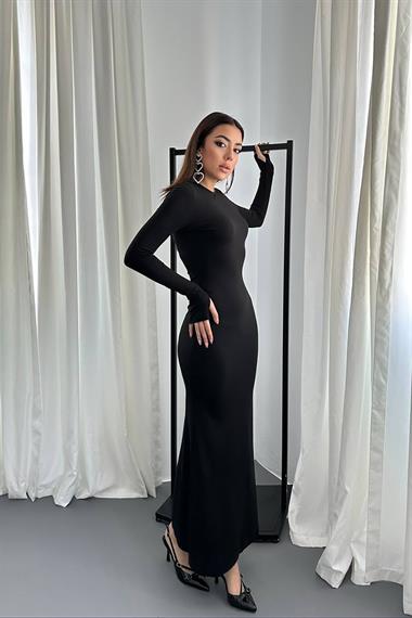 Toptan Siyah Vücudu Saran Uzun Elbise
