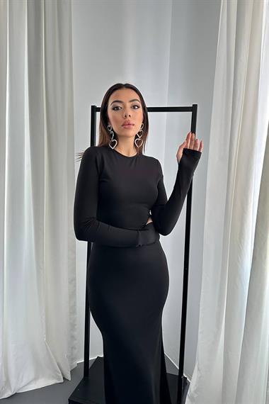 Toptan Siyah Vücudu Saran Uzun Elbise