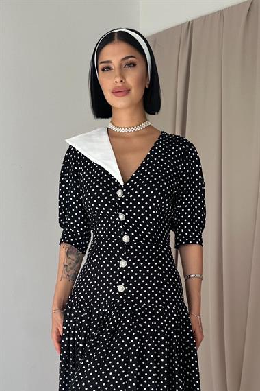 Toptan Siyah Yaka Detaylı Elbise