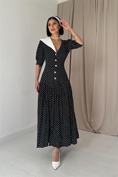 Toptan Siyah Yaka Detaylı Elbise