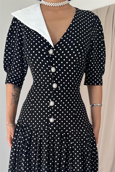 Toptan Siyah Yaka Detaylı Elbise