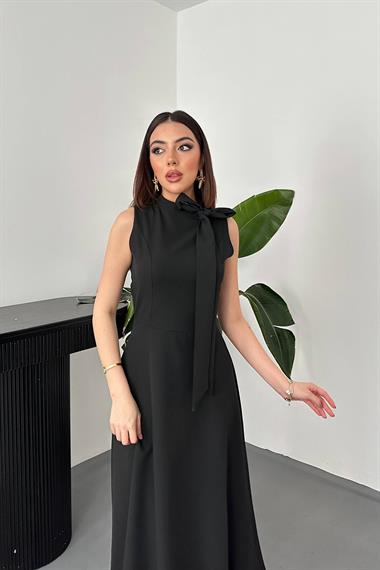 Toptan SİYAH Yaka Fiyonklu Uzun Elbise
