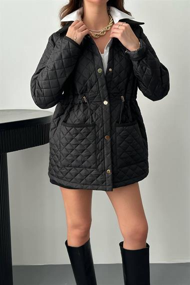 Toptan Siyah Yakası Süet Kapitone Ceket