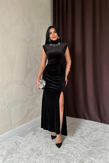Toptan Siyah Yakası Taşlı Büzgülü Elbise