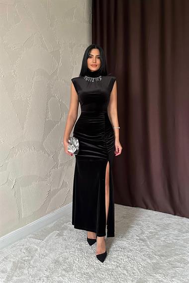 Toptan Siyah Yakası Taşlı Büzgülü Elbise
