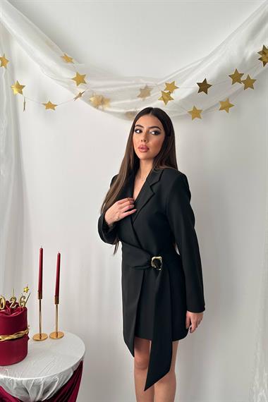 Toptan Siyah Yandan Tokalı Ceket Elbise