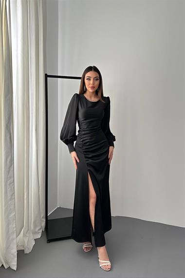 Toptan Siyah Yanı Büzgülü Yırtmaçlı Saten Elbise