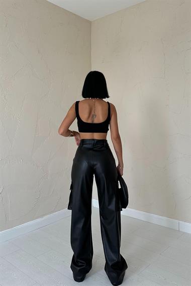 Toptan Siyah Yanlardan Cepli Deri Pantolon