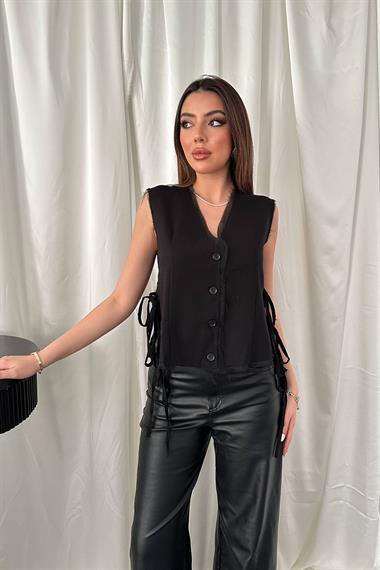 Toptan Siyah Yanları Bağcıklı Yelek