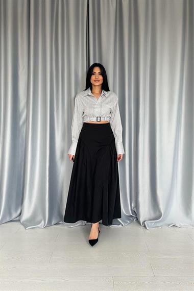 Toptan Siyah Yanları Büzgülü Uzun Etek
