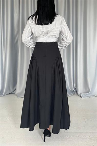 Toptan Siyah Yanları Büzgülü Uzun Etek