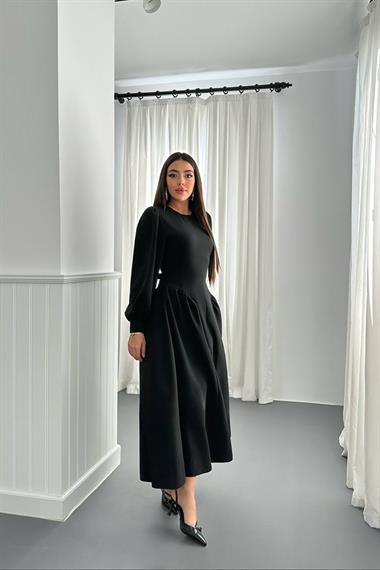 Wholesale Black Long-Sleeved Dress with Gathered Sides