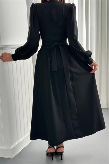 Wholesale Black Long-Sleeved Dress with Gathered Sides