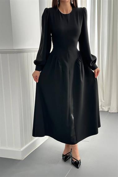 Wholesale Black Long-Sleeved Dress with Gathered Sides