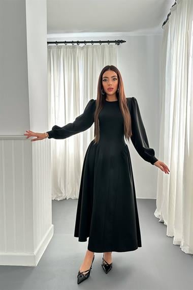 Wholesale Black Long-Sleeved Dress with Gathered Sides