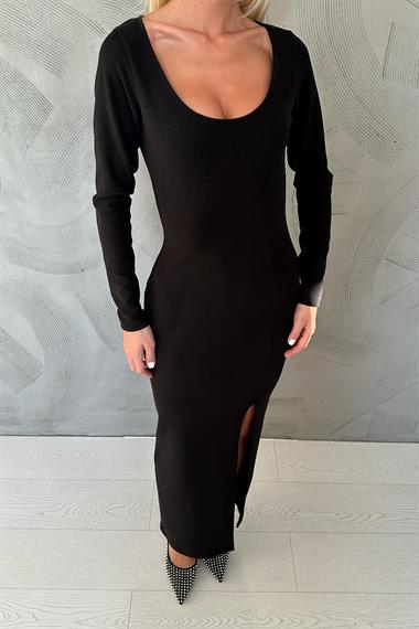 Toptan Siyah Yırtmaç Detaylı Elbise