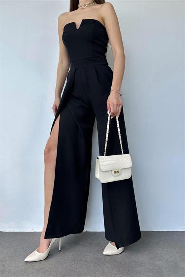 Toptan Siyah Yırtmaç Detaylı Straplez Tulum