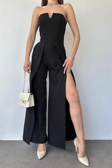 Toptan Siyah Yırtmaç Detaylı Straplez Tulum