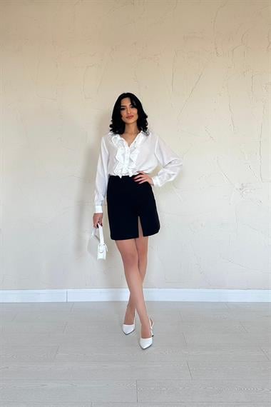 Toptan Siyah Yırtmaçlı Gül Detaylı Mini Etek