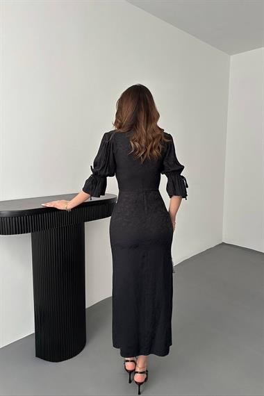 Toptan Siyah Yırtmaçlı Jakar Elbise