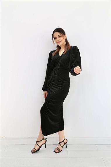 Toptan Siyah Yırtmaçlı Kadife Elbise