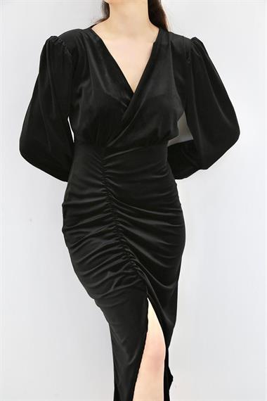 Toptan Siyah Yırtmaçlı Kadife Elbise