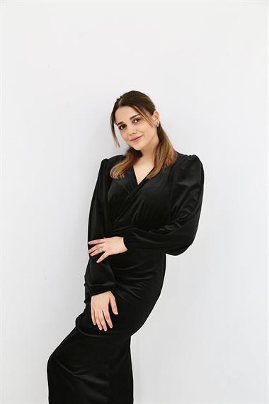 Toptan Siyah Yırtmaçlı Kadife Elbise