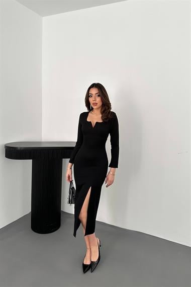 Toptan Siyah Yırtmaçlı Krep Elbise