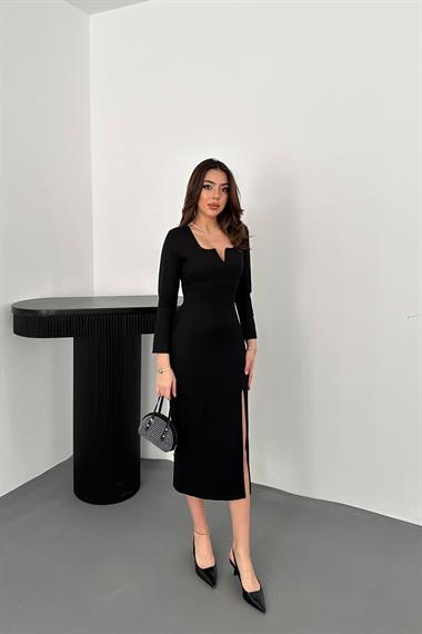 Toptan Siyah Yırtmaçlı Krep Elbise