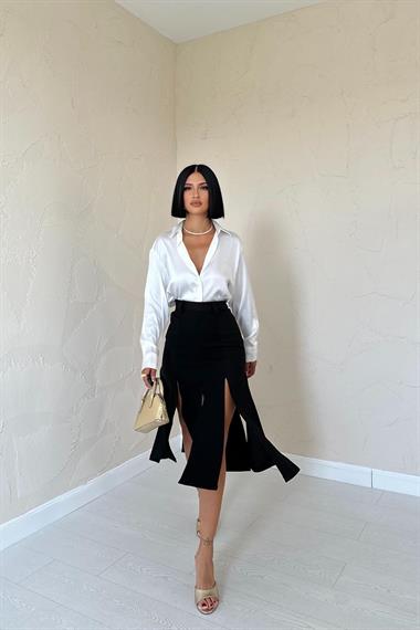 Toptan Siyah Yırtmaçlı Parçalı Etek