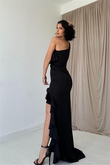 Toptan Siyah Yırtmaçlı Volanlı Elbise