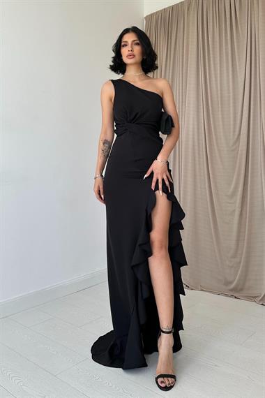 Toptan Siyah Yırtmaçlı Volanlı Elbise