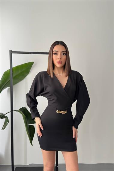 Toptan Siyah Zincir Detaylı Elbise