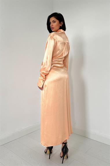 Toptan Somon Kuşaklı Gömlek Elbise