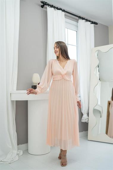 Toptan Somon Piliseli Şifon Elbise