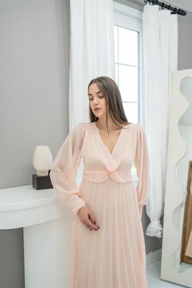 Toptan Somon Piliseli Şifon Elbise