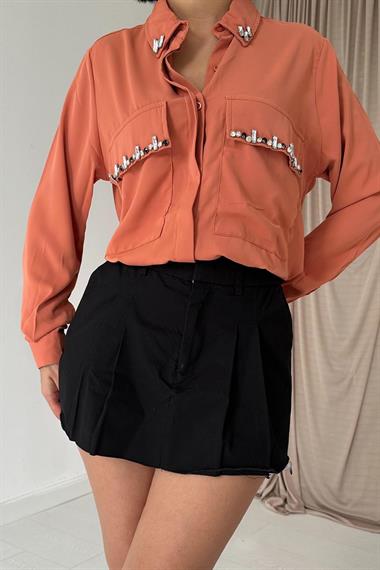 Wholesale Salmon Stone Embroidered Satin Shirt